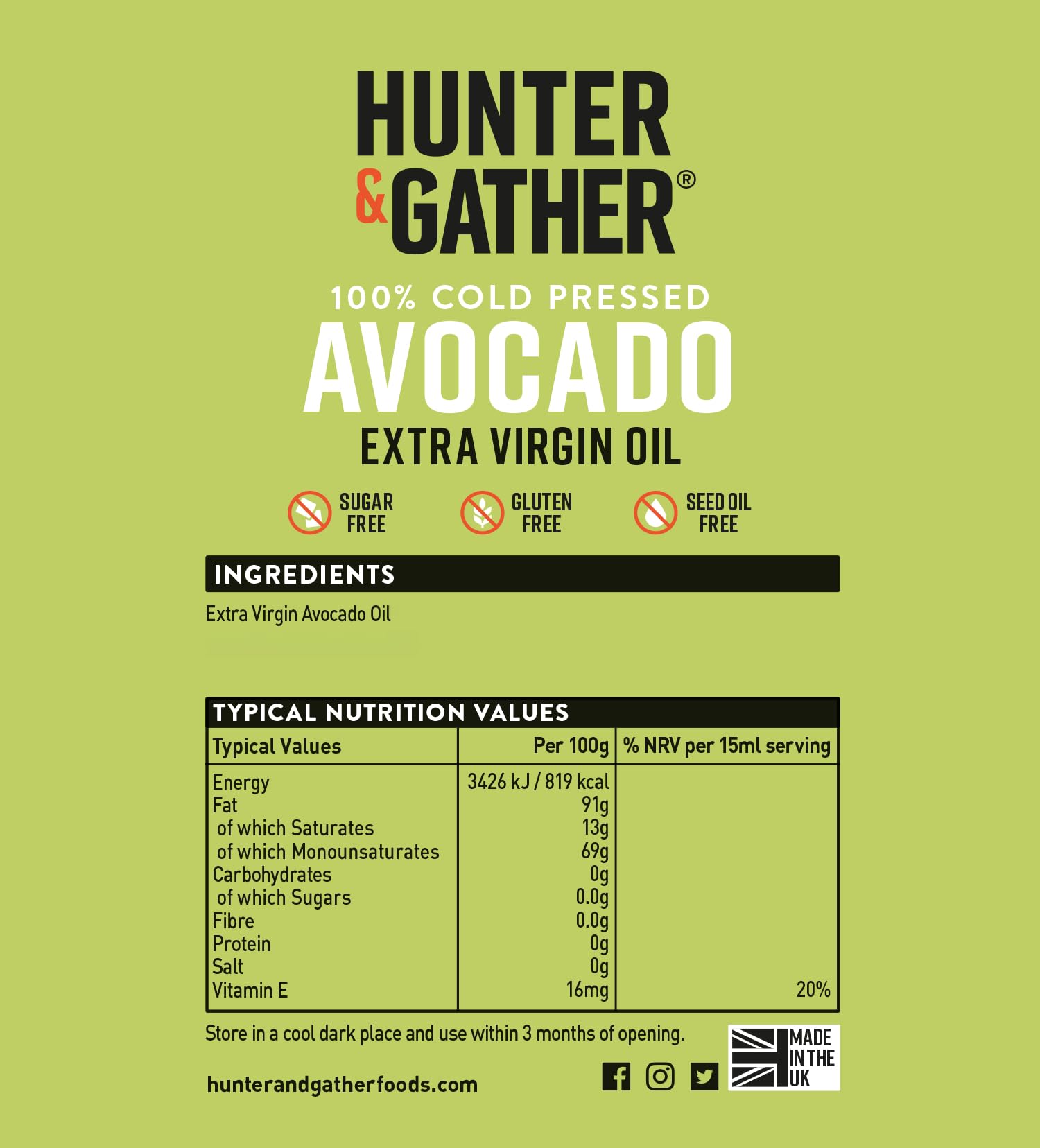 Hunter & Gather Aceite de Aguacate Extra Virgen Prensado en Frio Sin Refinar 500 ml