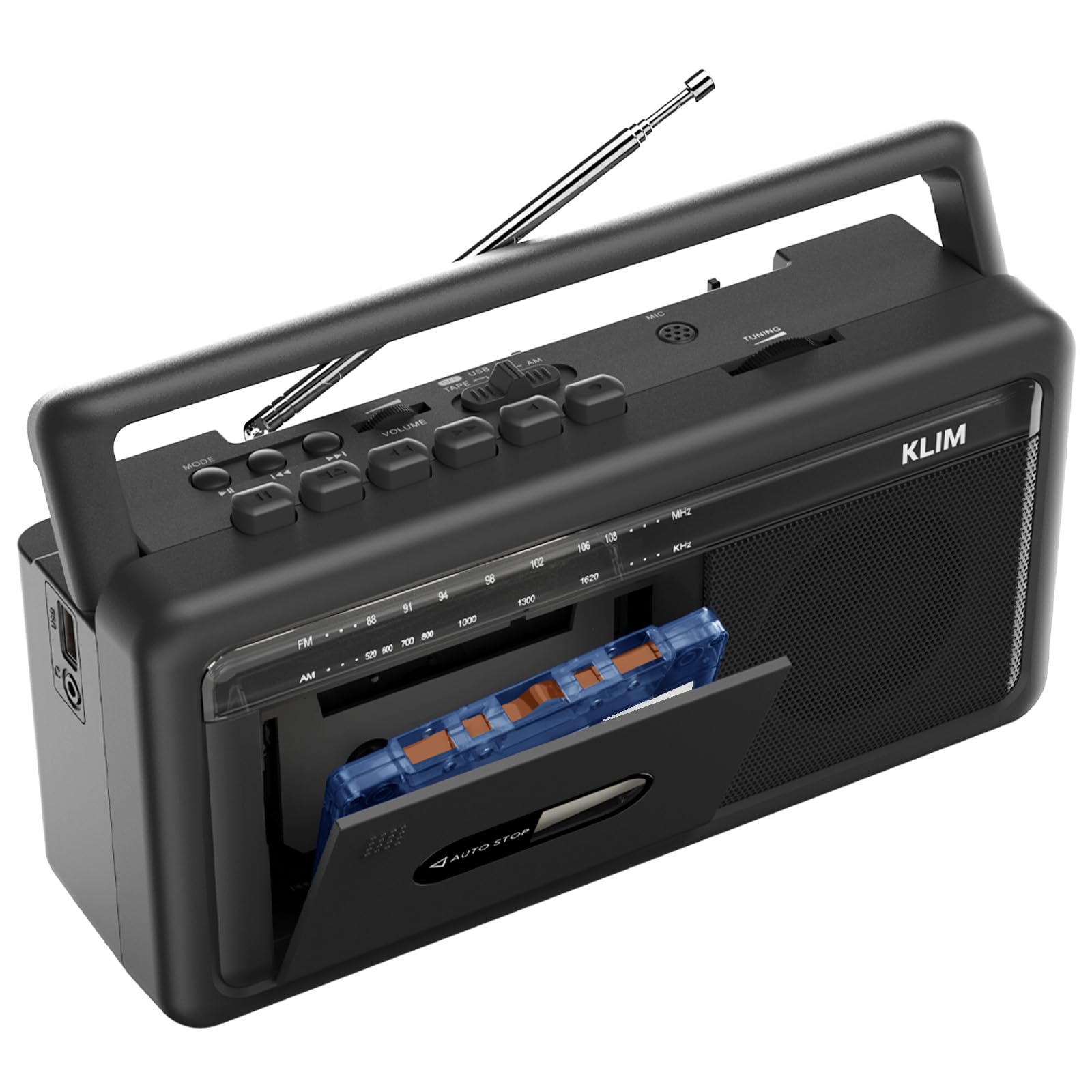 KLIM Portable Cassette Player & Tape Recorder – Boombox with AM/FM Radio, USB, Bluetooth, Speaker, and Earphone Jack – Battery and AC Operated - Black
