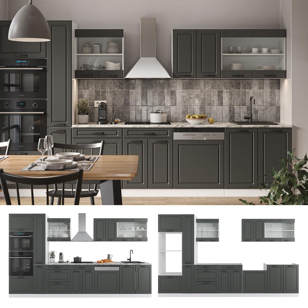 Vicco Küchenzeile R-Line, Anthrazit Landhaus/Weiß, 350 cm | mit Hochschrank, ohne Arbeitsplatte, zur individuellen Anordnung und Erweiterung geeignet
