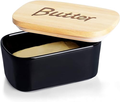 Miniatura 1 de GDCZ Mantequera de cerámica con tapa de madera, soporte grande para mantequilla cubierto para encimera, recipiente para mantequilla perfecto para