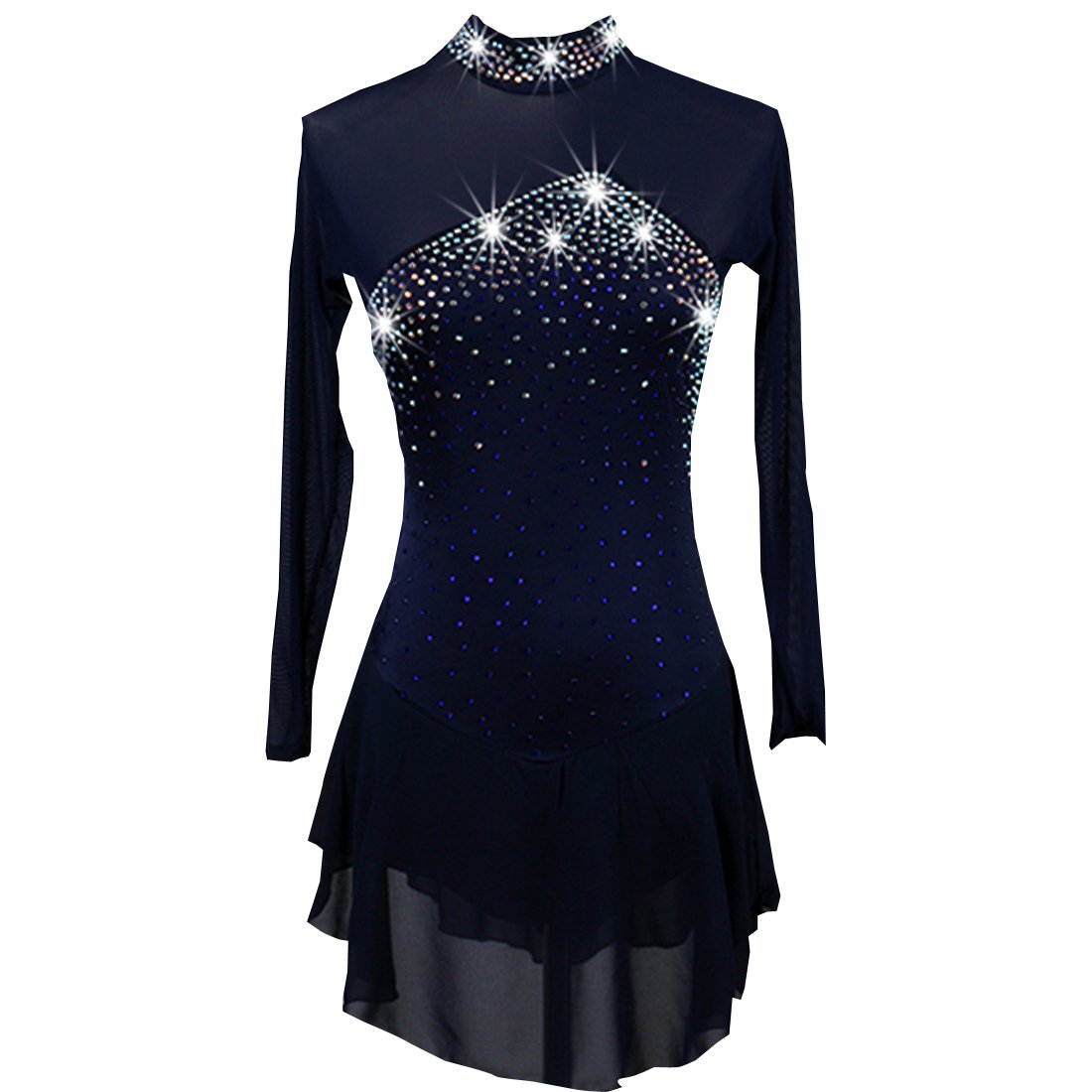 Women Rhinestone ice Skating Dress Long Sleeves(Navy Blue,XL)
