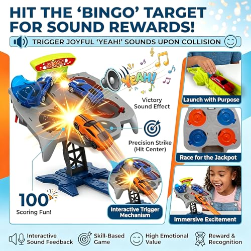 Image of Dual Toy Car Race Track Set for Kids 2 Player Loop & Launch Car Track Toy with Score Points, 4 Metal Alloy Racing Cars, Interactive Sound Effects & Competitive Stunt Challenge for Boys & Girls