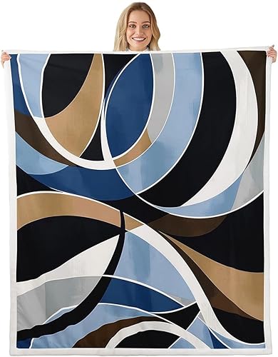 Erosebridal Geometric Abstract Fleece Throw Blanket 40"x50" - Ultra-Soft for Couch Sofa Bed,Brown Black Blue White Sherpa Blanket,Circles Wavy Lines