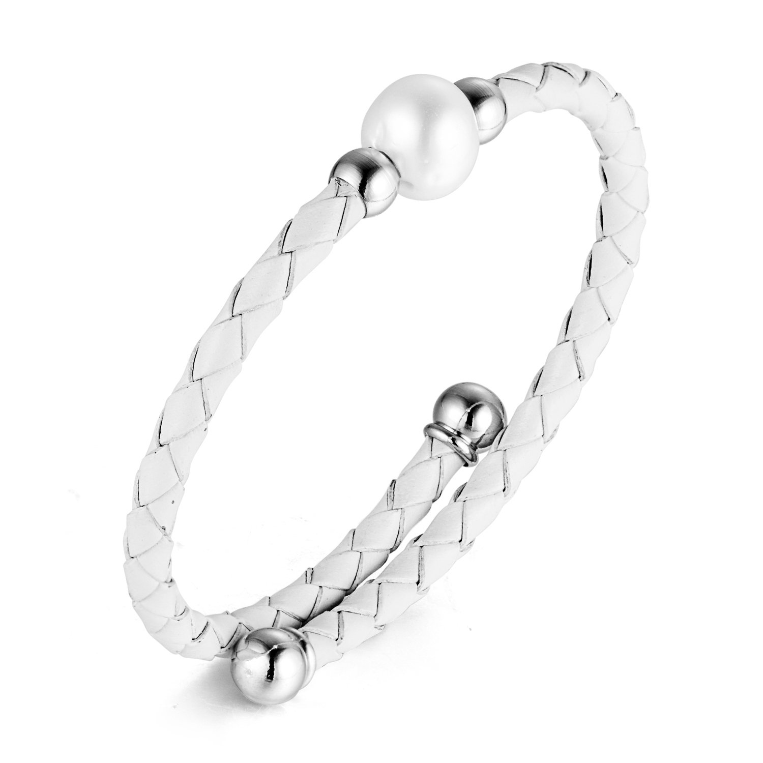 JFUME Women Leather Bracelet Cultured Freshwater Pearl Adjustable Size White