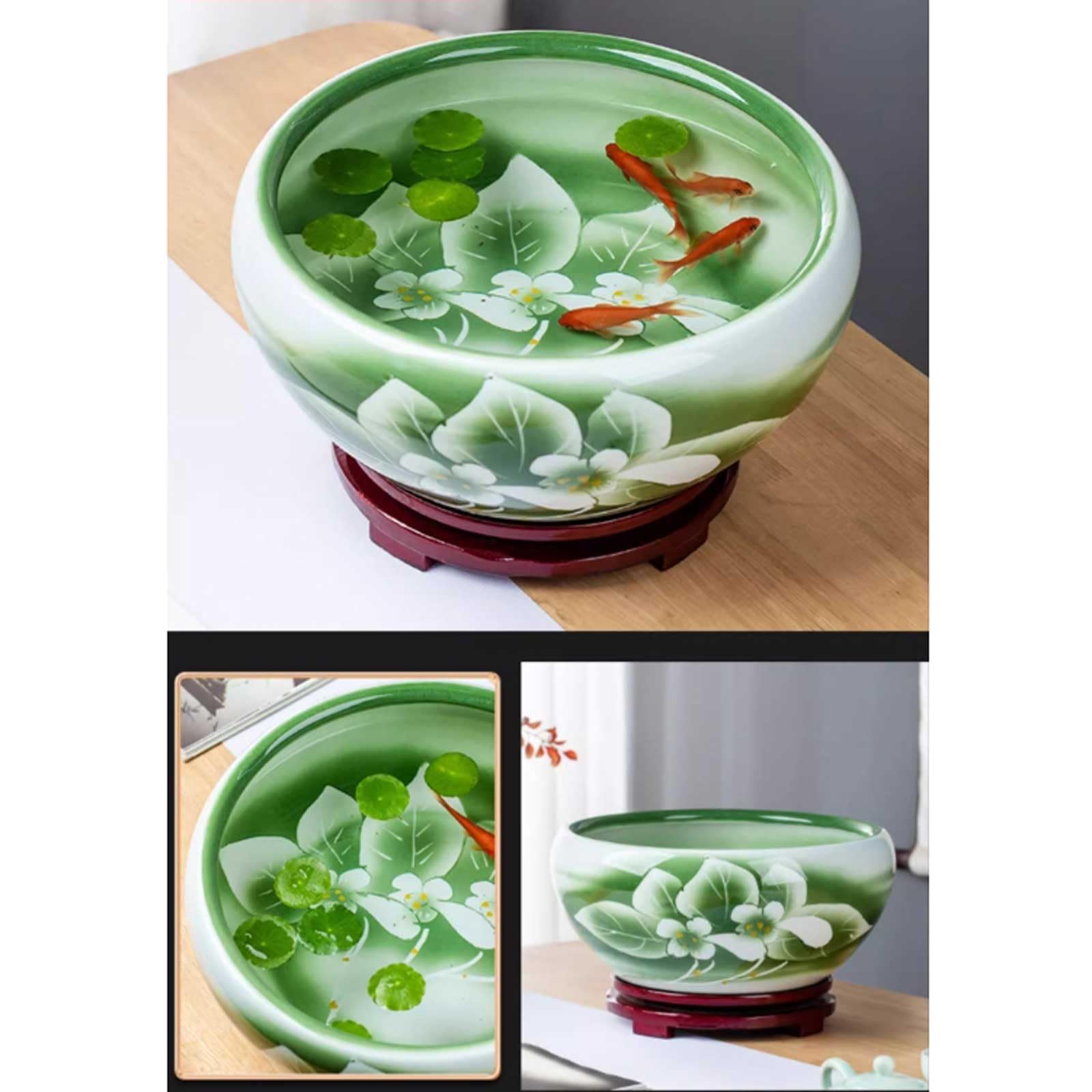 Aquarium Réservoir de poissons en céramique peint à la main avec finition lotus vert Réservoir d'alimentation for tortues de poissons rouges Fortune Pot de fleurs rond en céramique Bac à Poisson(32x32