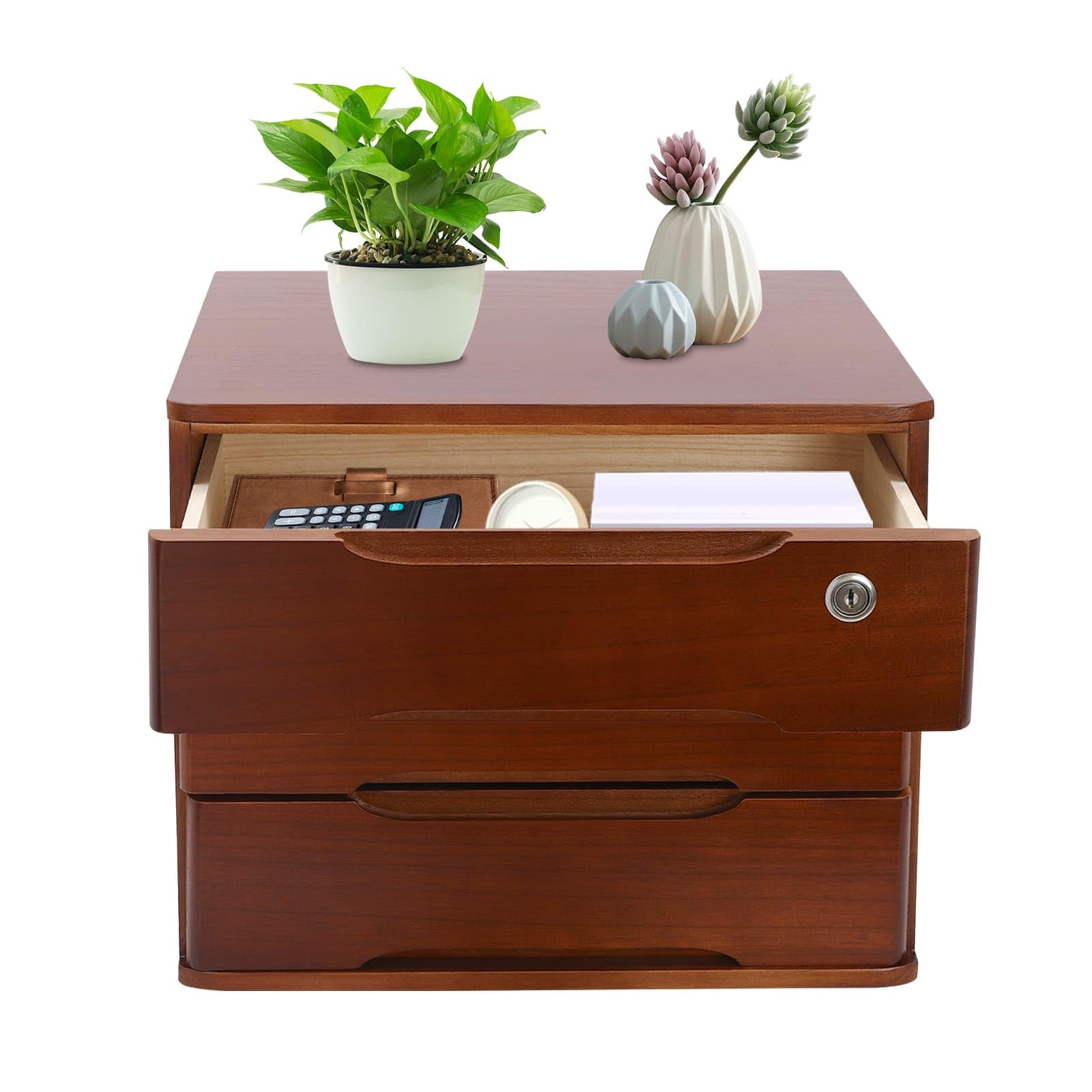 Aufbewahrungsbox mit 3 Ebenen, mit abschließbarer Schublade, Schreibtisch-Organizer aus Holz, L 39 x T 30 x H 31 cm (Walnuss)