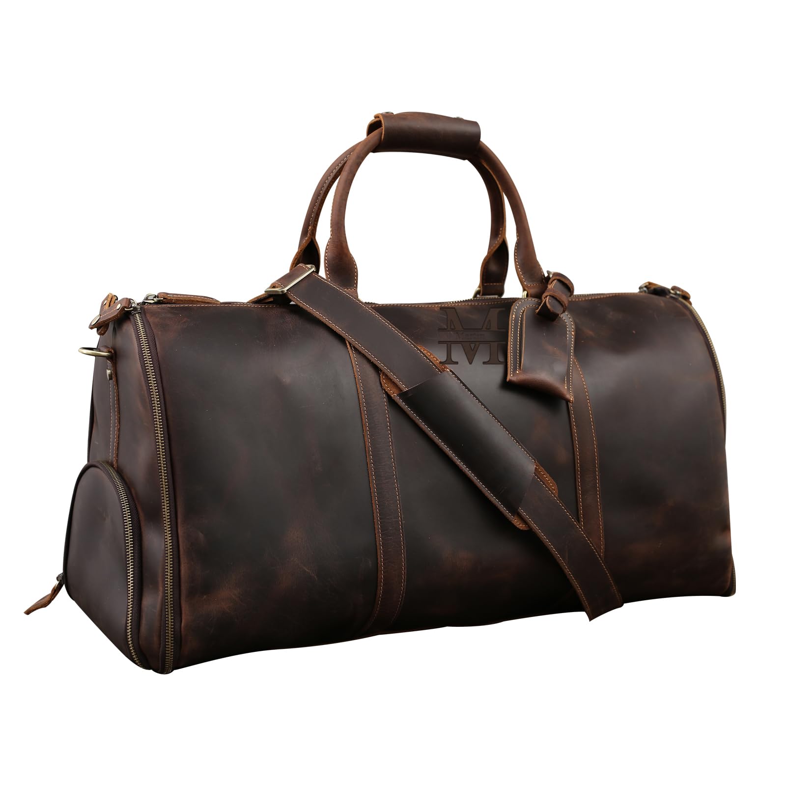 AGDHERSNVX Genuine Leather Convertible Garment Bag with Shoes Compartment Full Grain Leather Carry on Duffle Bag for Men Women Weekender Hanging