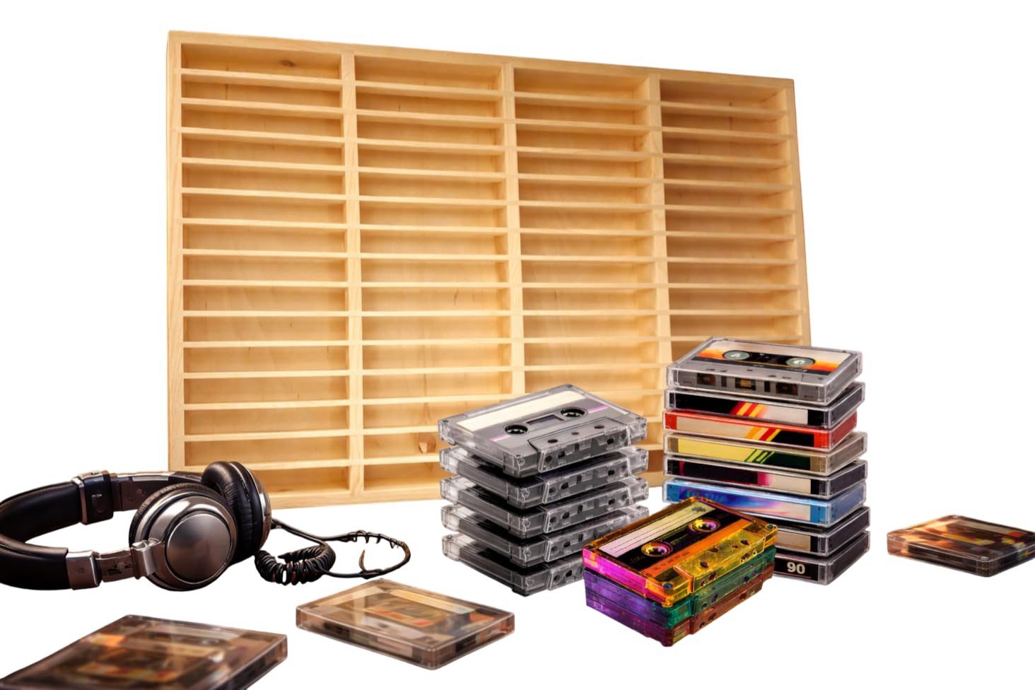 FabaCare MC-Kassetten Regal aus Holz – 60 Fächer, Sammler-Display für Audiokassetten, Musikkassetten-Regal, für Hörspielkassetten, Kassetten-Wandboard aus Naturholz, Farbe: buche