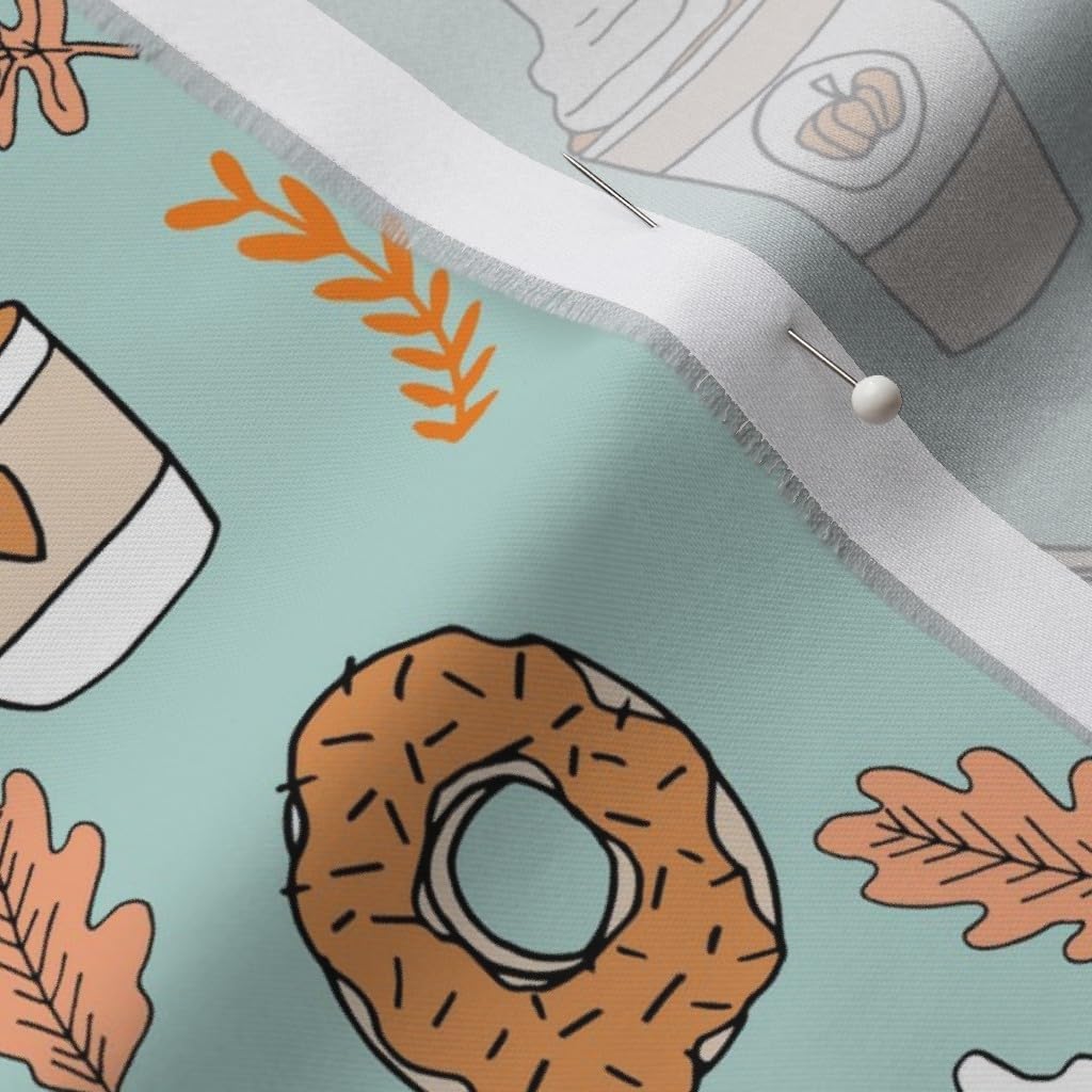 Spoonflower Fabric - Pumpkin Spice Latte Coffee Donuts Fall Autumn & Aqua Teal Mint Printed on Organic Cotton Sateen Fabric by The Yard - Sewing Quilting Apparel Home Decor