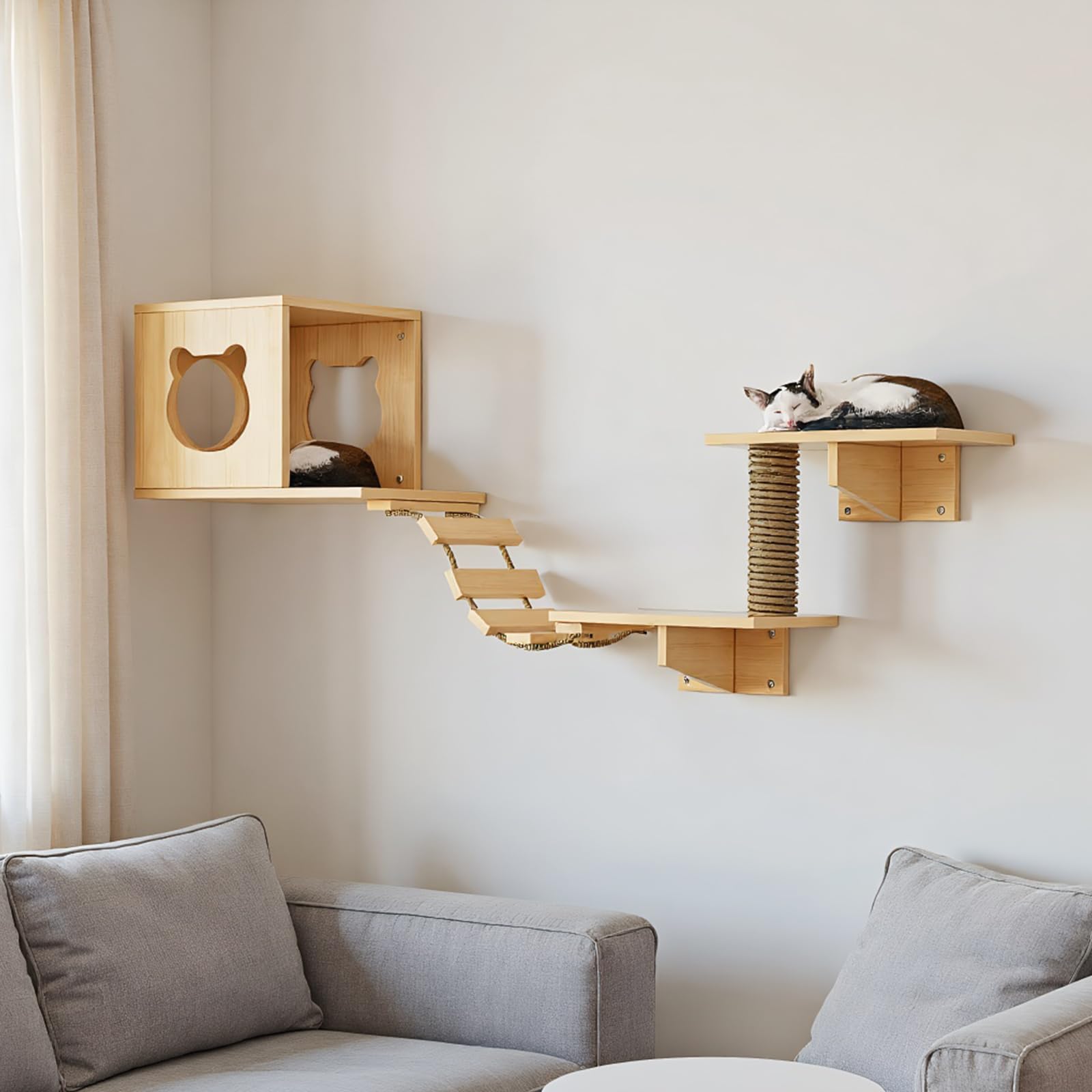 Kletterwand Katzen, 5-teilig Katzen Kletterwand Set, Katzenwandmöbel, Katzenmöbel mit 1 Katzenhäusern, 2 Plattformen, 1 Katzenleiter,1 Säule, bis 15 kg