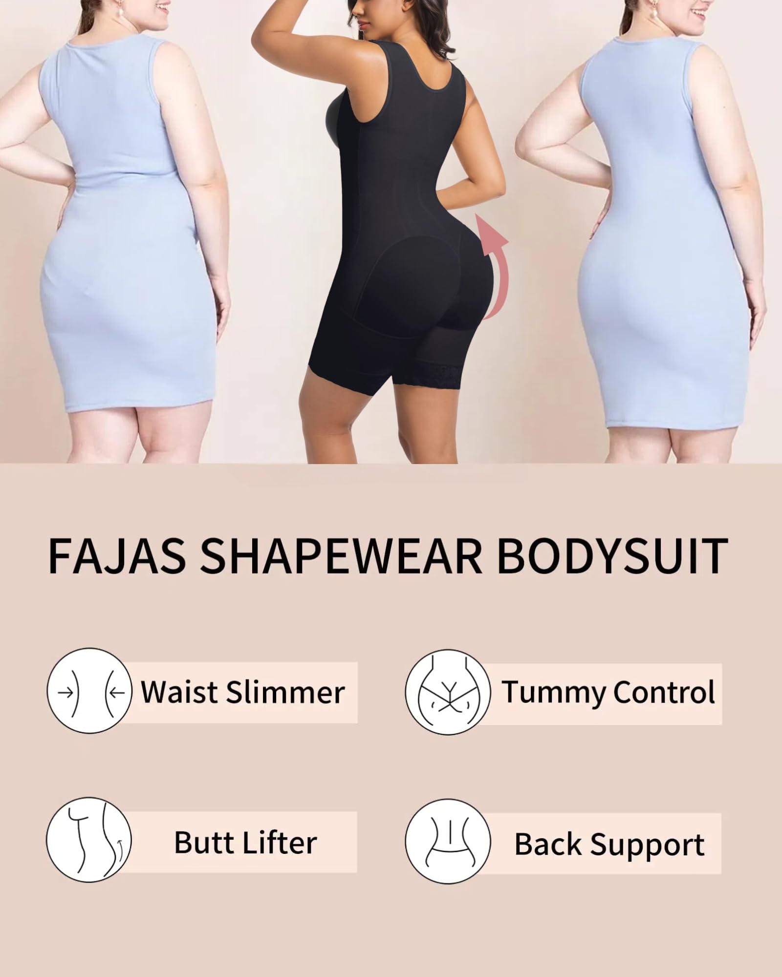 Fajas Colombianas Moldeadoras Shapewear gainant Faja Body Shaper Postpartum Fesses Lifter avec fermeture éclair à l'entrejambe, noir, X-Large