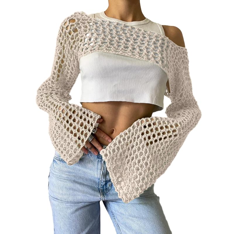 hathne Women Hollow Out Sweater Crop Flounce Off...