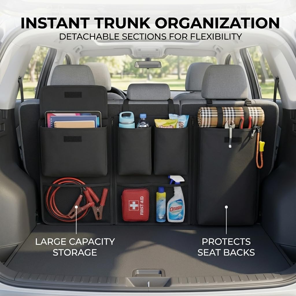 QWORK® 600D Oxford Tkanina 600D Zdejmowany składany składany organizer do bagażnika samochodowego z regulowanymi paskami do SUV-ów, MVP