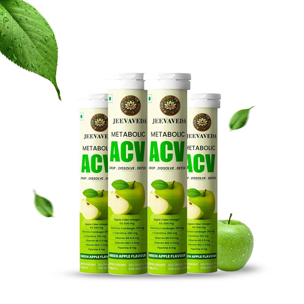 JeevAveda Metabolic ACV Effervescent Tablets | Apple Cider Vinegar with Garcinia, Vitamin B12 & L-Carnitine | Green Apple Flavour | 60 Tablets (15 x 4 Tubes)