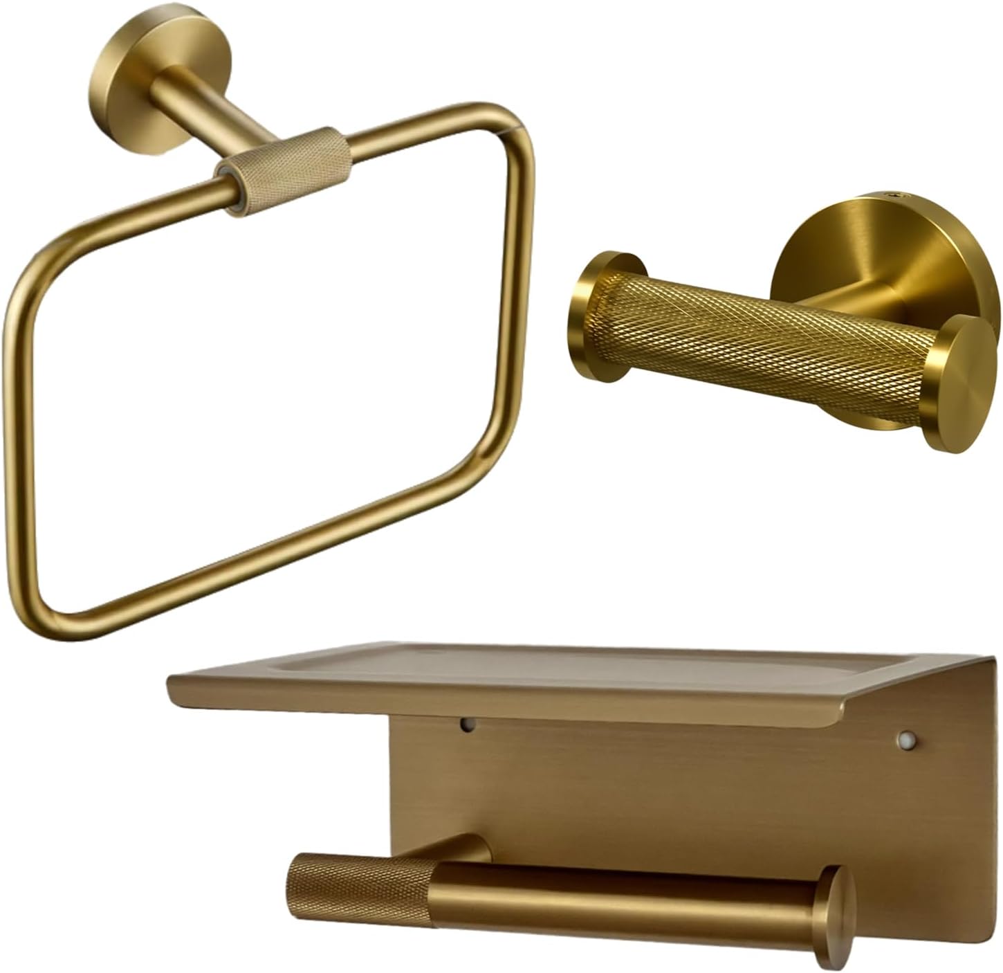 3-Piece Brushed Gold Bathroom Hardware Set, Toilet Paper Holder with Shelf, Towel Ring and Double Robe Hook, Wall Mounted Bathroom Accessories in 304 Stainless Steel with Brass Knurled Accents