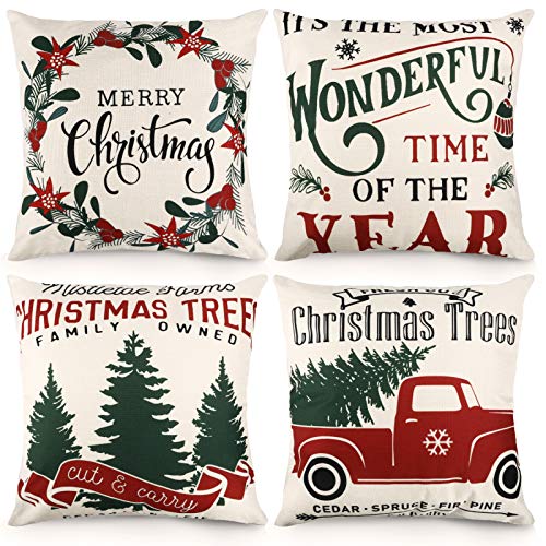 CDWERD Weihnachts-Kissenbezüge, 45,7 x 45,7 cm, Weihnachtsdekoration, rustikaler Bauernhaus-Überwurf, Kissenbezug, Baumwollleinen, Kissenbezug für Heimdekoration, 4er-Set Cover
