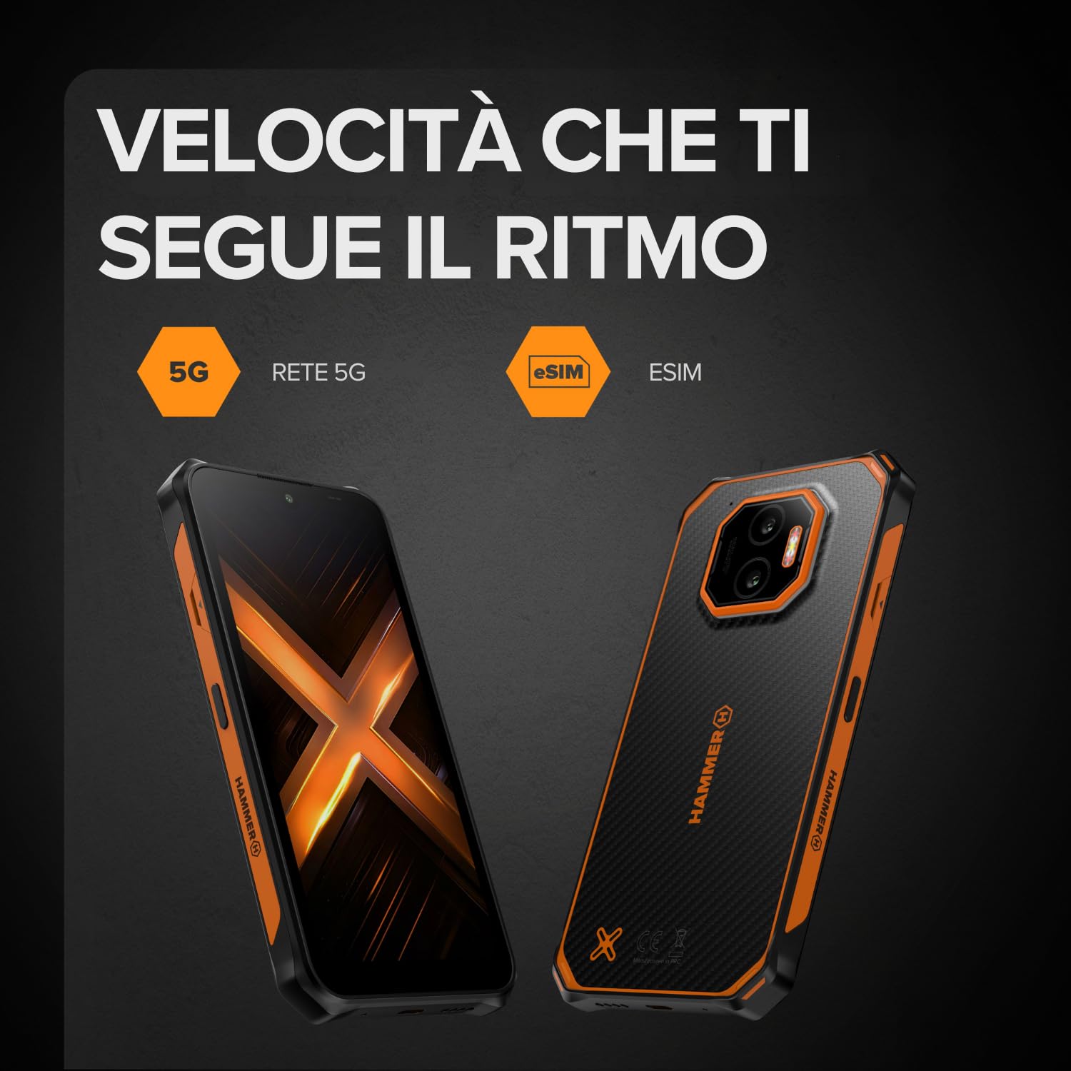 HAMMER ENERGY X2 5G Smartphone rugged Android 15, Telefono indistruttibile 6,1", IP69, 6 + 8 GB RAM, 128 GB di memoria, 5000 mAh, eSIM, garanzia 2 anni