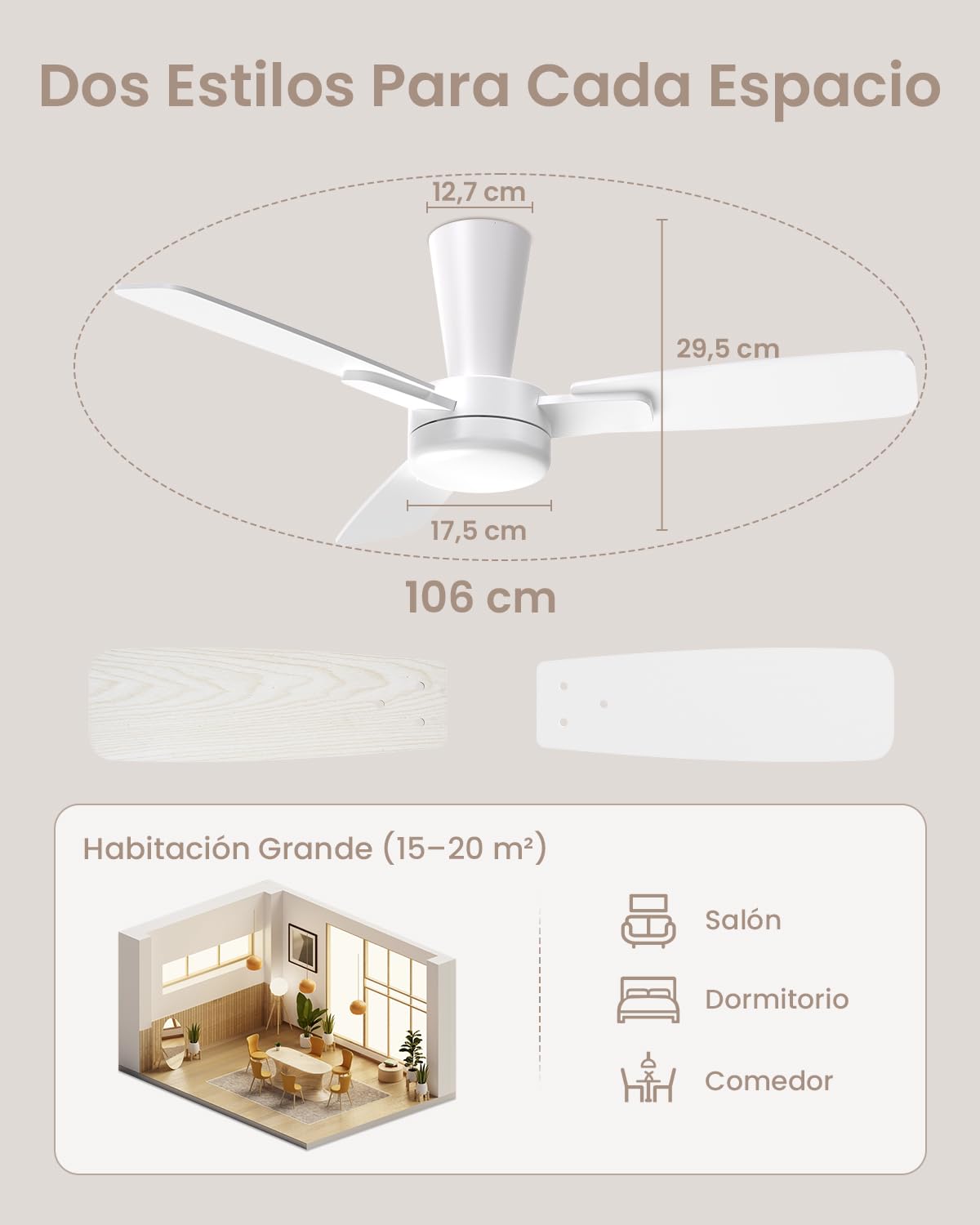 Ventilador de Techo con Luz 106 cm, Motor DC Silencioso, Mando a Distancia, LED Regulable, 6 Velocidades, Temporizador, Función Verano Invierno, Aspas Encajables, Madera Clara/Blanco
