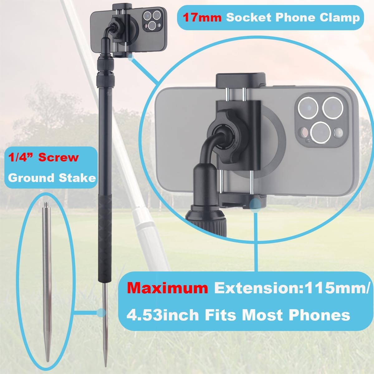 Golf Tripod Selfie Stick with Stake Spike for Golf Swing Training 7.09" Golf Monopod Selfie Stick Spike