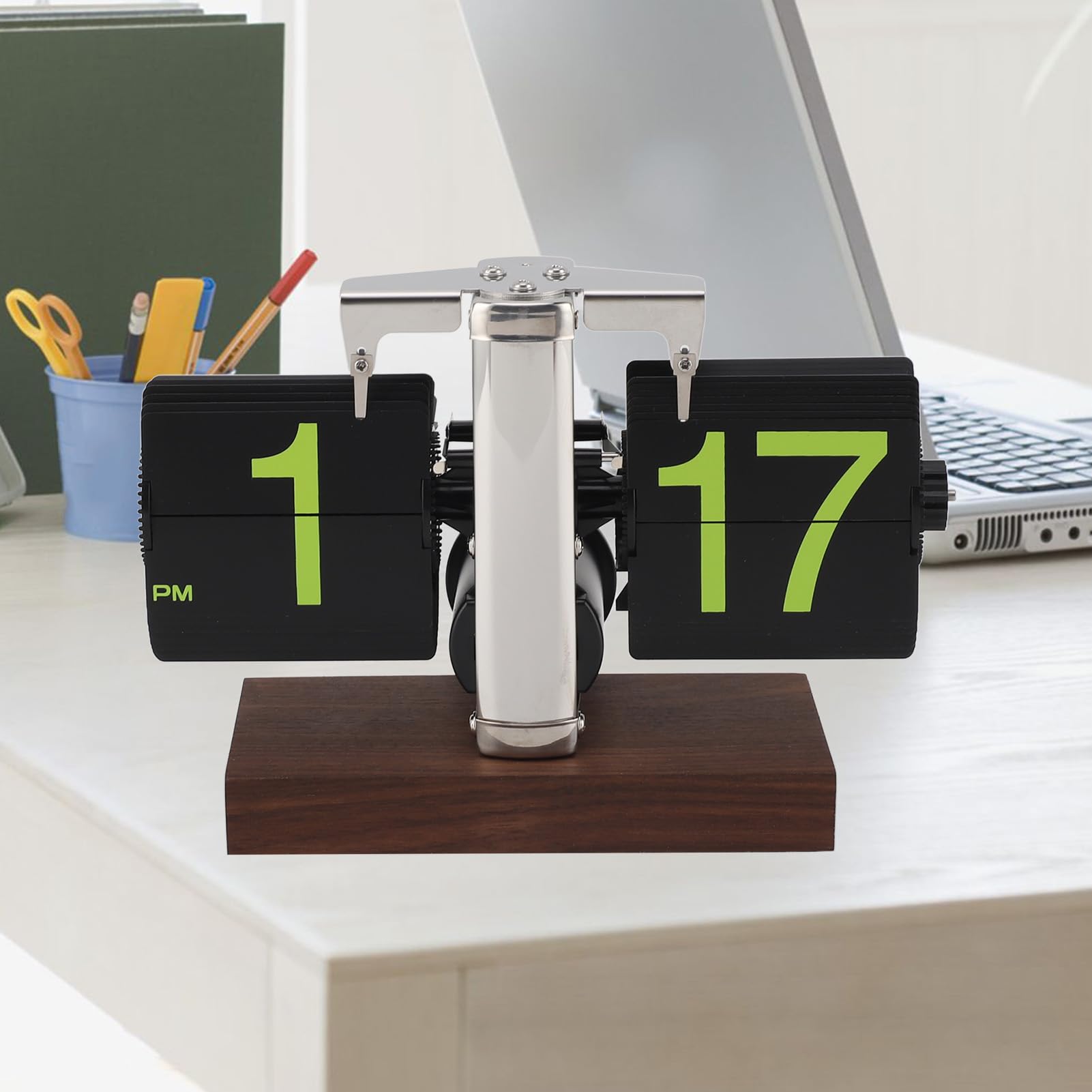 Rengue Reloj Digital con Tapa, Funciona con Pilas, Mecánico Retro, con Base de Nogal Negro y Cuerpo de Acero Inoxidable, Pantalla Grande de Fácil Lectura de 12 Horas para Escritorio, Oficina,