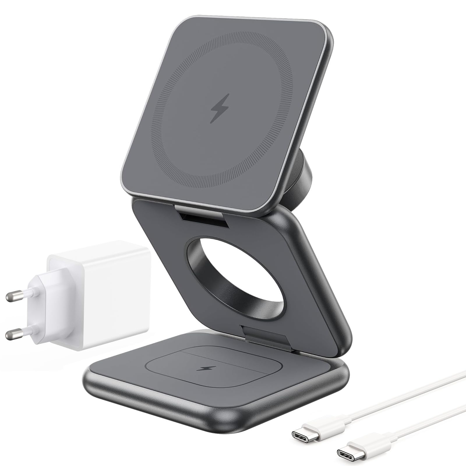 KU XIU X40 Caricatore Wireless Magnetico, Stazione di Ricarica Pieghevole 3-in-1 per iPhone 16/15/14/13/12, 5W per Apple Watch 10/9/Ultra/SE/8/7/6/5/4 - Grigio