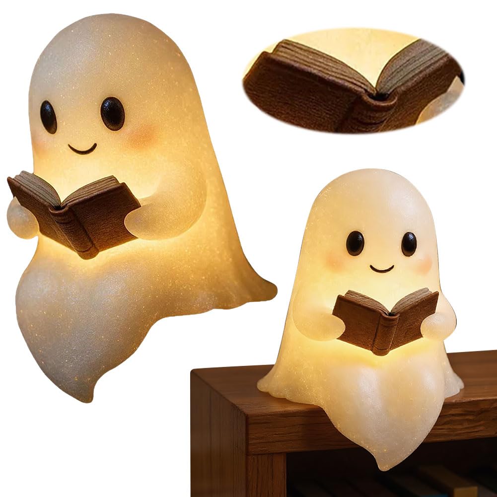 Cute Ghost Reading Book Lamp,Halloween Ghost Night Light,Ghost Reading Night Lights,3D LED Night Light,Halloween Home Decor for Bedroom Bookshelf Bedside,Gifts for Readers and Book Lover (20cm)