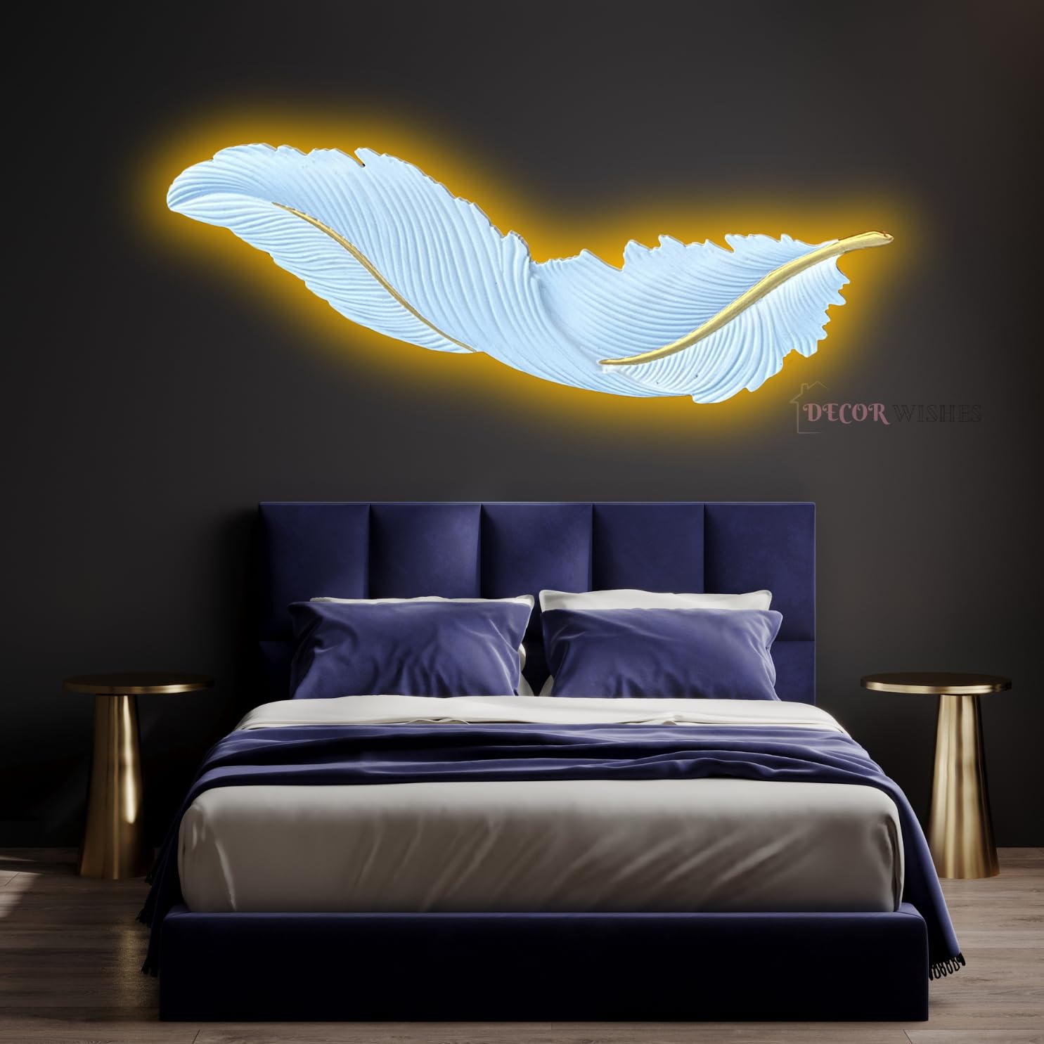 Decor Wishes Wood Feather Lamp Wall Mounted Led Sconce Lamp Wall Led Lamps Feather Led Lamp for Bedroom Wall Art with Led Night Lamp (C-Large White), 107 Centimeters