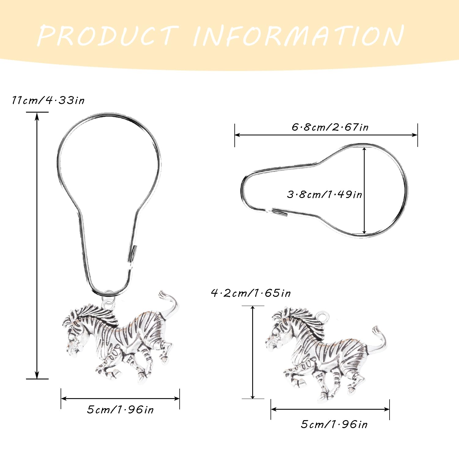 YRMLYMOP Wildlife Shower Curtain,12 Pcs Zebra Shower Curtain Hooks Zebra Print Curtain Hooks Decorative Home Bathroom Stainless Steel Rustproof Shower Curtain Rings Decor Accessories (Silver)