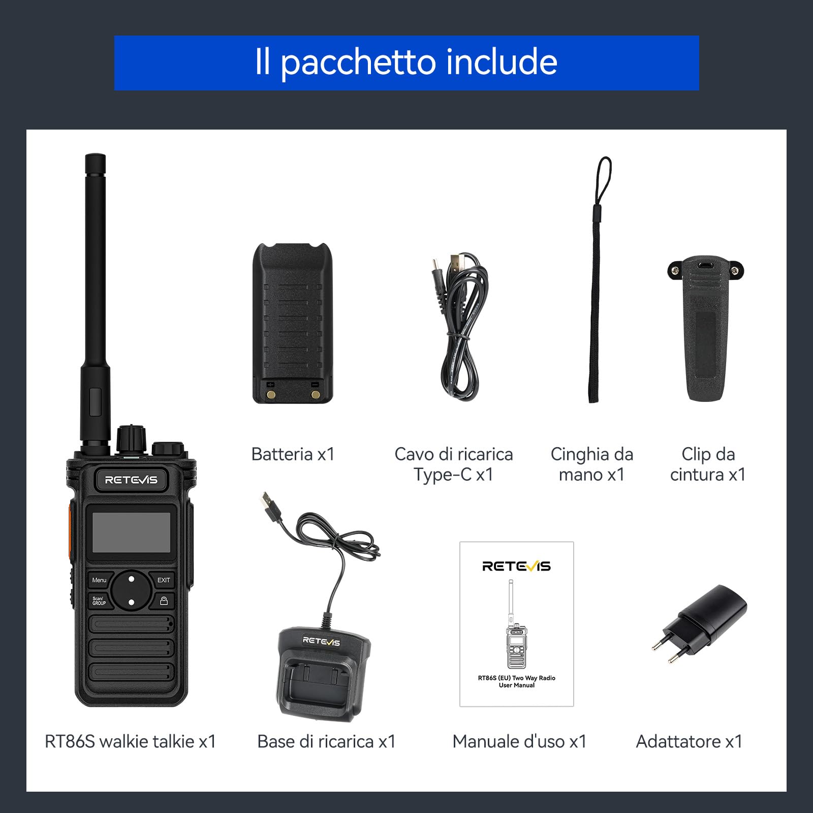 Retevis RT86S Ricetrasmittenti Professionali, Walkie-Talkie a Lungo Raggio con LCD di Facile Lettura,Torcia a LED, Tipo C 2600mAh Walkie Talkie Ricaricabili per Adulti, Logistica (Nero, 1 Pz)