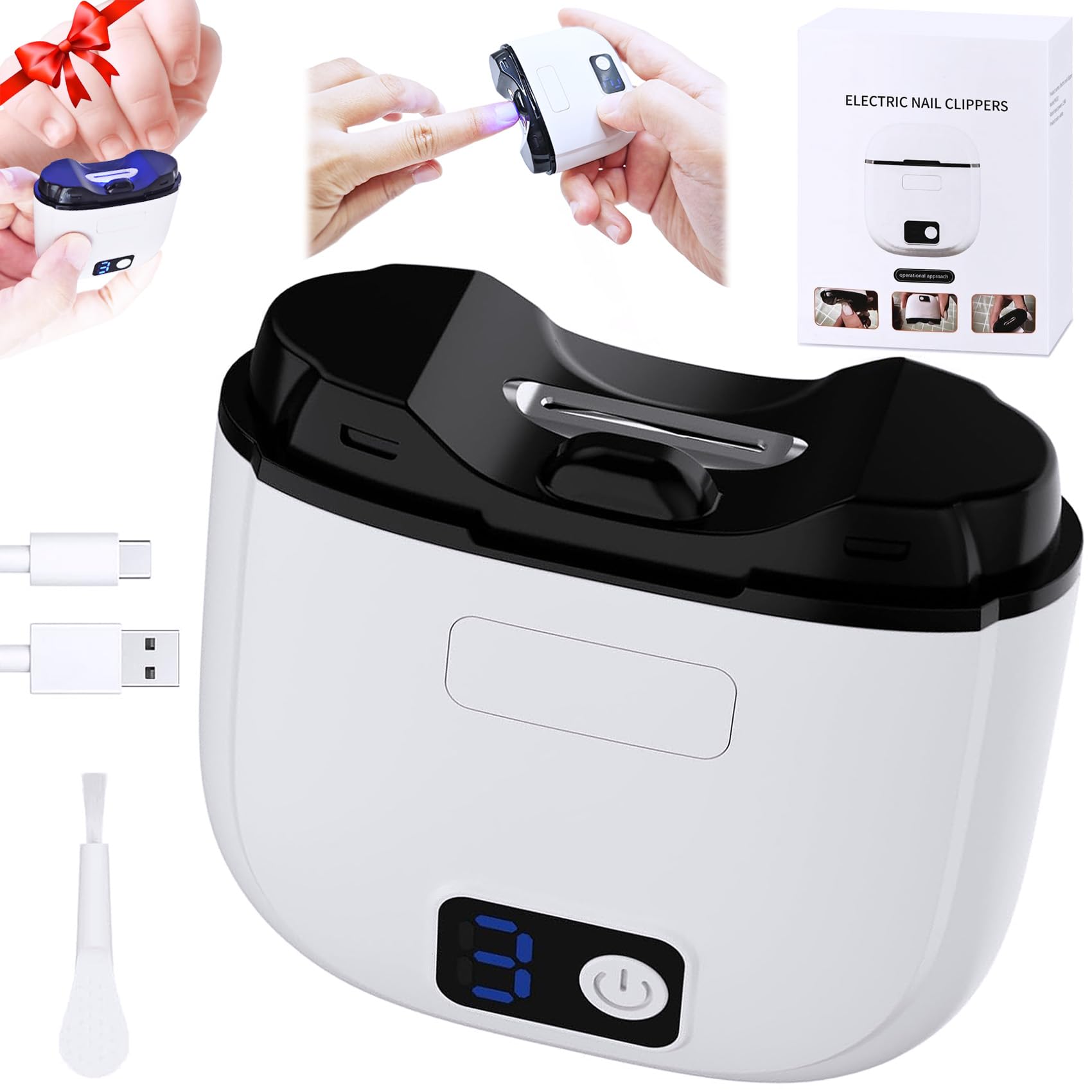 Bstsilver 2 in 1 Electric Nail Clipper w/Light Rechargeable, Automatic Nails Trimmer w/Clip Storage, Fingernail Cutter Adjustable 3 Speed, Manicure Care, Filer for Toddler Kids Caregiver Adult Senior