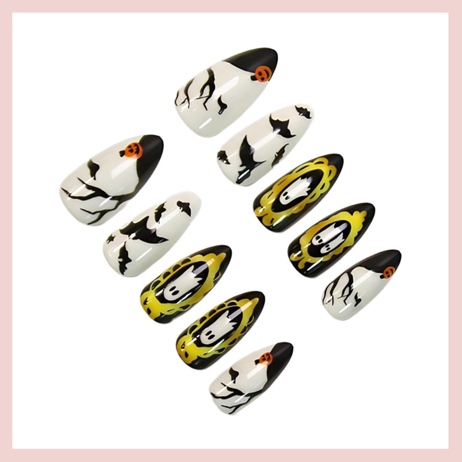 Halloween Press on Nails Medium Almond Fake Nails with Pumpkin Ghost Bat Designs White Nails Press ons Black Glue on Nails Stick on Nails for Women 24Pcs Pumpkin Ghost Bat Designs-1