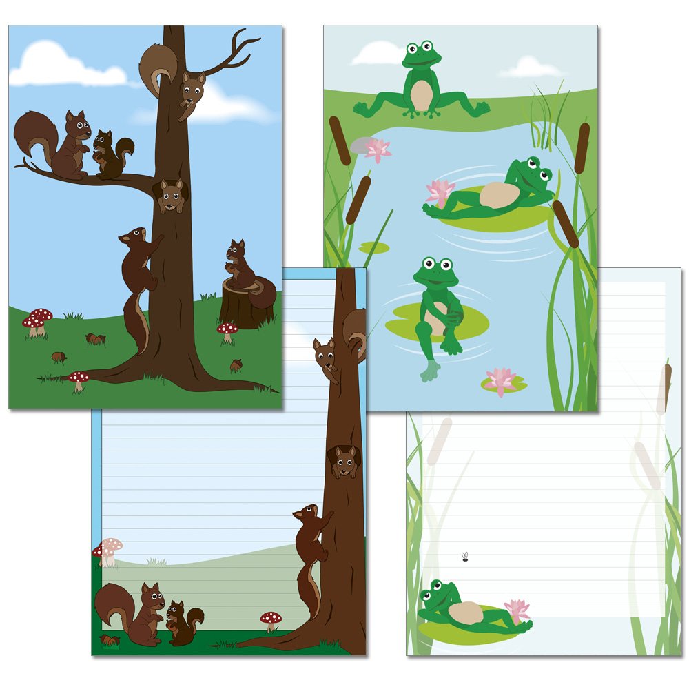 Pack of 2 writing pads 1 x squirrel 1 x frog each 25 sheets format DIN A4 with cover sheet 7100 + 7190