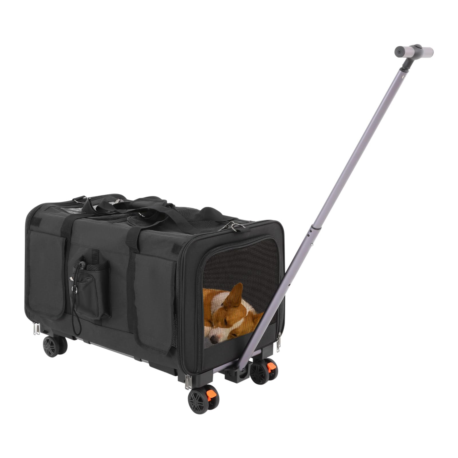 Sac de transport pour chat avec deux compartiments et roulettes, pliable et amovible, pour 2 chats, idéal pour les voyages (noir)