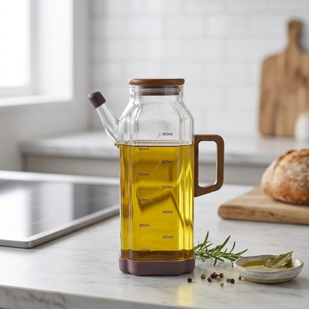 Deconox Akasya Ahşap Detaylı Borosilikat Cam Yağlık ve Sirkelik 1000 ml - Şık, Ölçülü ve Damlatmaz Mutfak Gereci