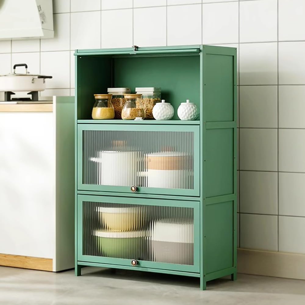 Green Bamboo Sideboard with Transparent Door High Feet Kitchen Storage Cabinet Versatile Bakers Rack for Kitchen Living Room Hallway nization