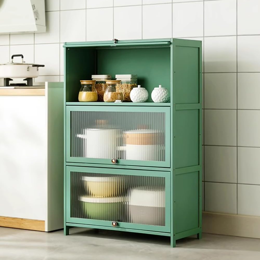Credenza da cucina in bambù con porta trasparente, con piedini alti, versatile scaffale da cucina per soggiorno e corridoio, design ecologico verde