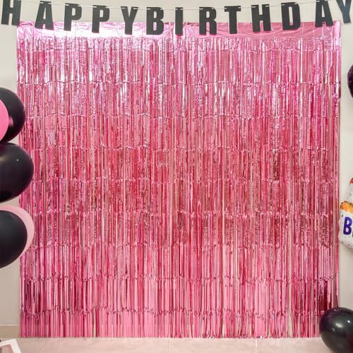 Image of 4 Pack Pink Foil Fringe Curtains, 13.2x6.6ft Streamers Backdrop, Tinsel Curtain for Birthday, Graduation, Christmas, Bachelorette, Wedding, Valentine, Gender Reveal| Pink Streamers Party Decorations