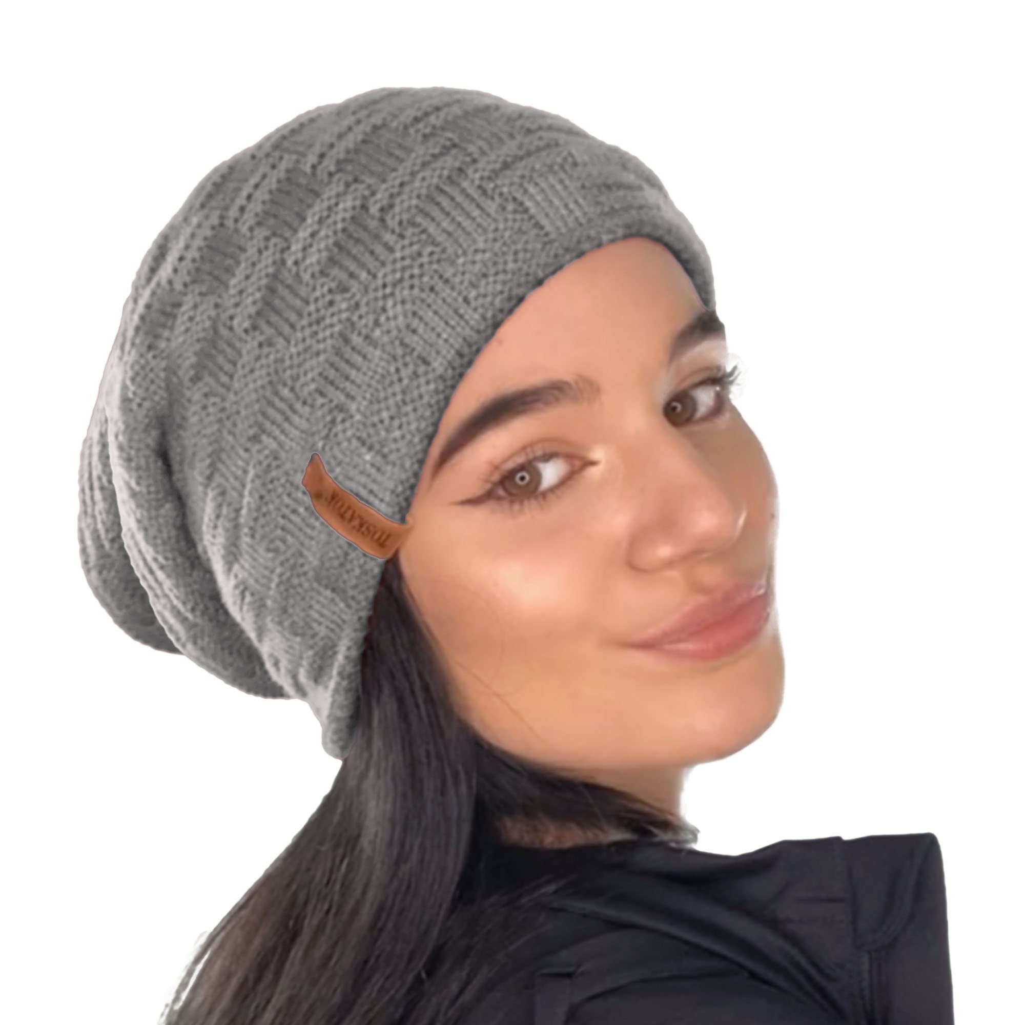 TOSKATOK® Ladies Mens Unisex Warm Winter Textured Knit Slouch Beanie hat with Cosy Faux Fur Teddy Fleece Liner-LIGHTGREY