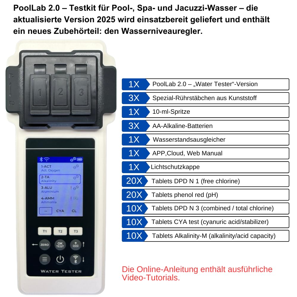 PoolLab 2.0 Extra-Zubehör (Aufbewahrungskoffer & Wasserstandsausgleicher) – Pool Wassertestgerät – 27 Parameter – WiFi, Bluetooth, App – Für Pool, Spa und Whirlpool