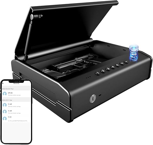 Gun Safe For Handgun, Gun Case, Biometric Gun Safe For Car, Pistol Safes With Fingerprint|Passcode|Key Unlock, Full Voice Prompt Gun Lock Box with Cable, Charging Port
