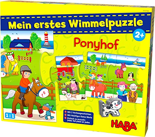 Preisvergleich Produktbild HABA 303704 - Mein erstes Wimmelpuzzle Ponyhof / Kinderpuzzle ab 2 Jahren / Mit Holzfigur Katze Merle und 3 Vorlese-Geschichten