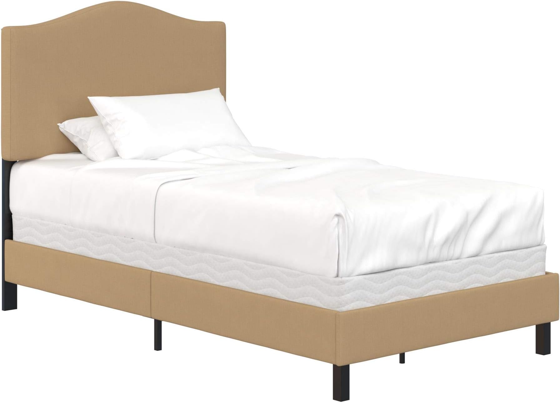 REALROOMS Mason Upholstered Panel Bed, Strong Steel Slat Support, Twin Size Frame, Tan Linen