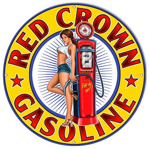 Victory Vintage Signs Aged Looking Red Crown Gasoline Pin Up Girl Motor Oil Sign Garage Art 30" Round