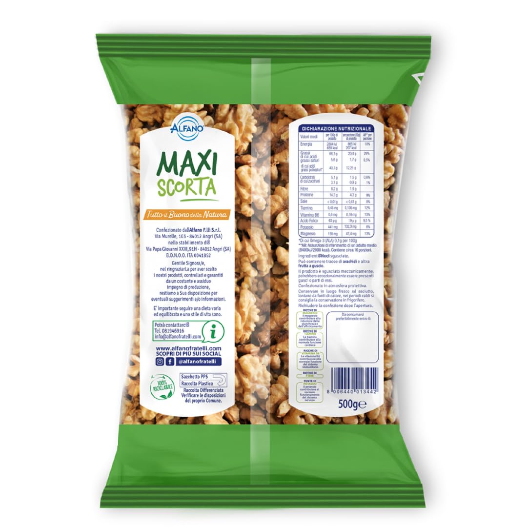 Alfano dal 1940 Noci Sgusciate Maxi Scorta 500g Ricche di Magnesio, Tiamina, Vitamina B6 e Omega 3 Snack Ideale per una Dieta Equilibrata e Vegana (4 Pezzi)