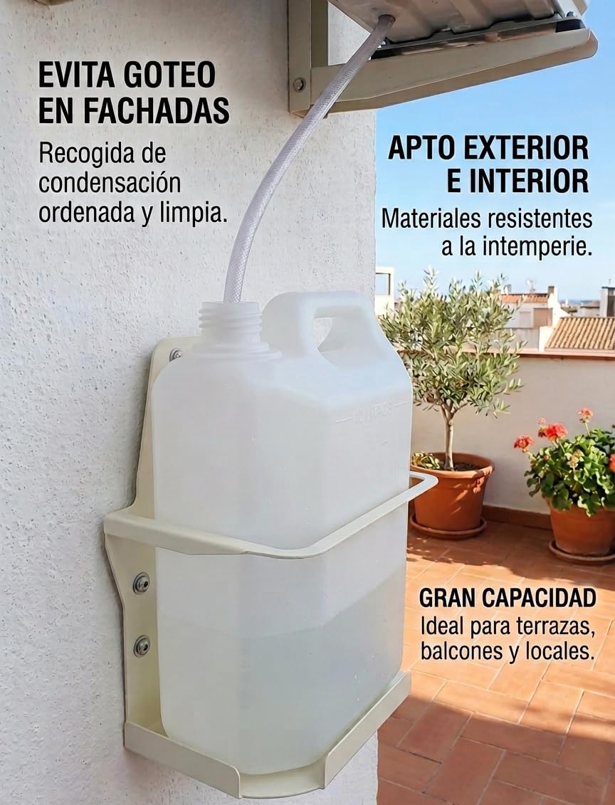 Recamania Kit de Desague para Aire Acondicionado | Garrafa de PVC 10 litros y Soporte Metalico en U para Pared | Garrafa Condensacion Universal para Exterior e Interior