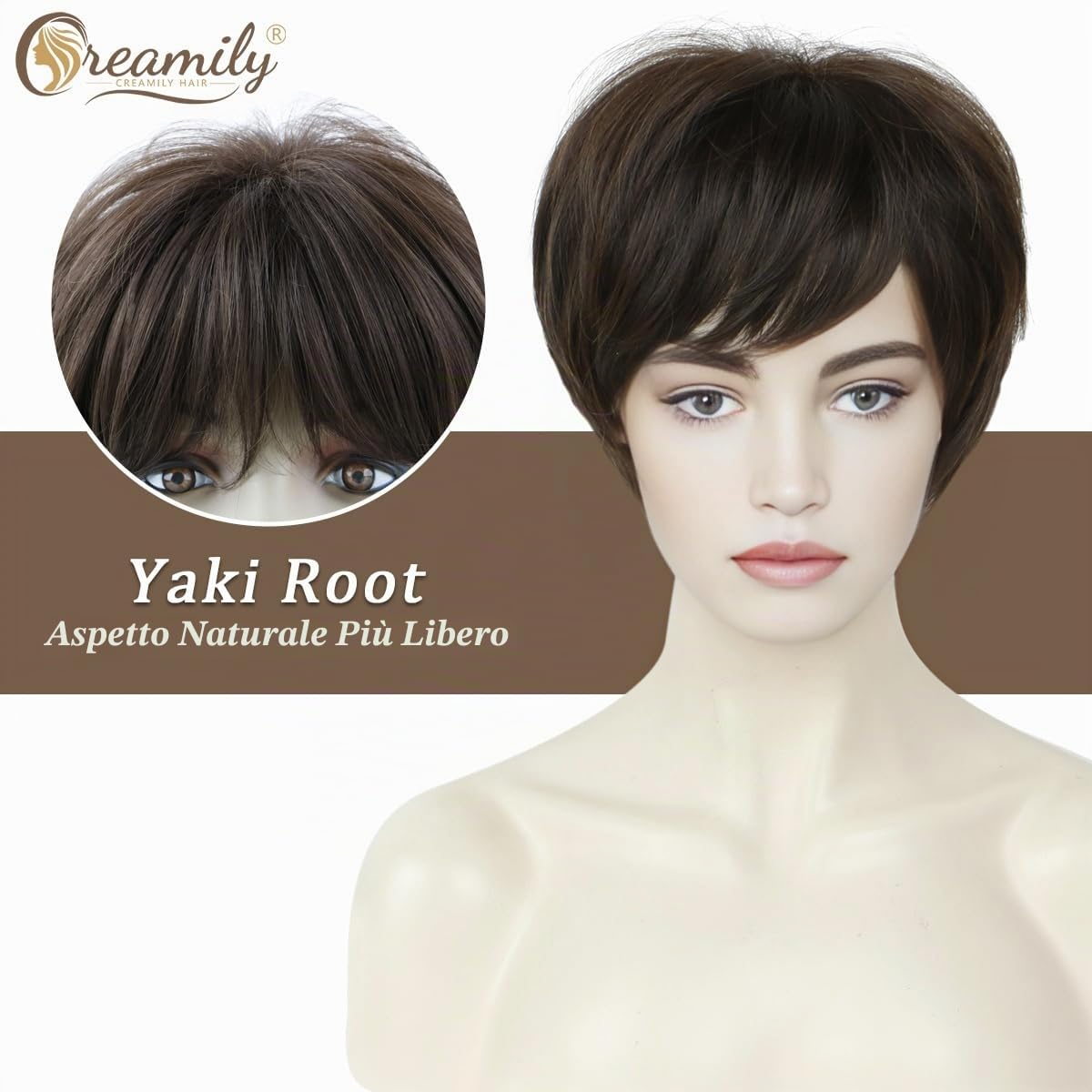 Creamily Parrucche corte castane, parrucca corta Pixie Cut con frangia per donne, parrucche sintetiche a strati naturali per capelli corti da donna, per cosplay, feste, uso quotidiano
