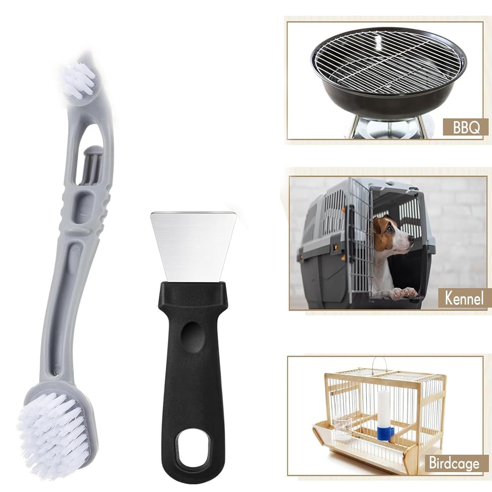 Image of Bird Cage Cleaner with Two Brush Heads Stainless Steel Bird Droppings Cleaning Scraper Long Handle Tool for for Cleaning Bird Parrot Cages Kennels Perches