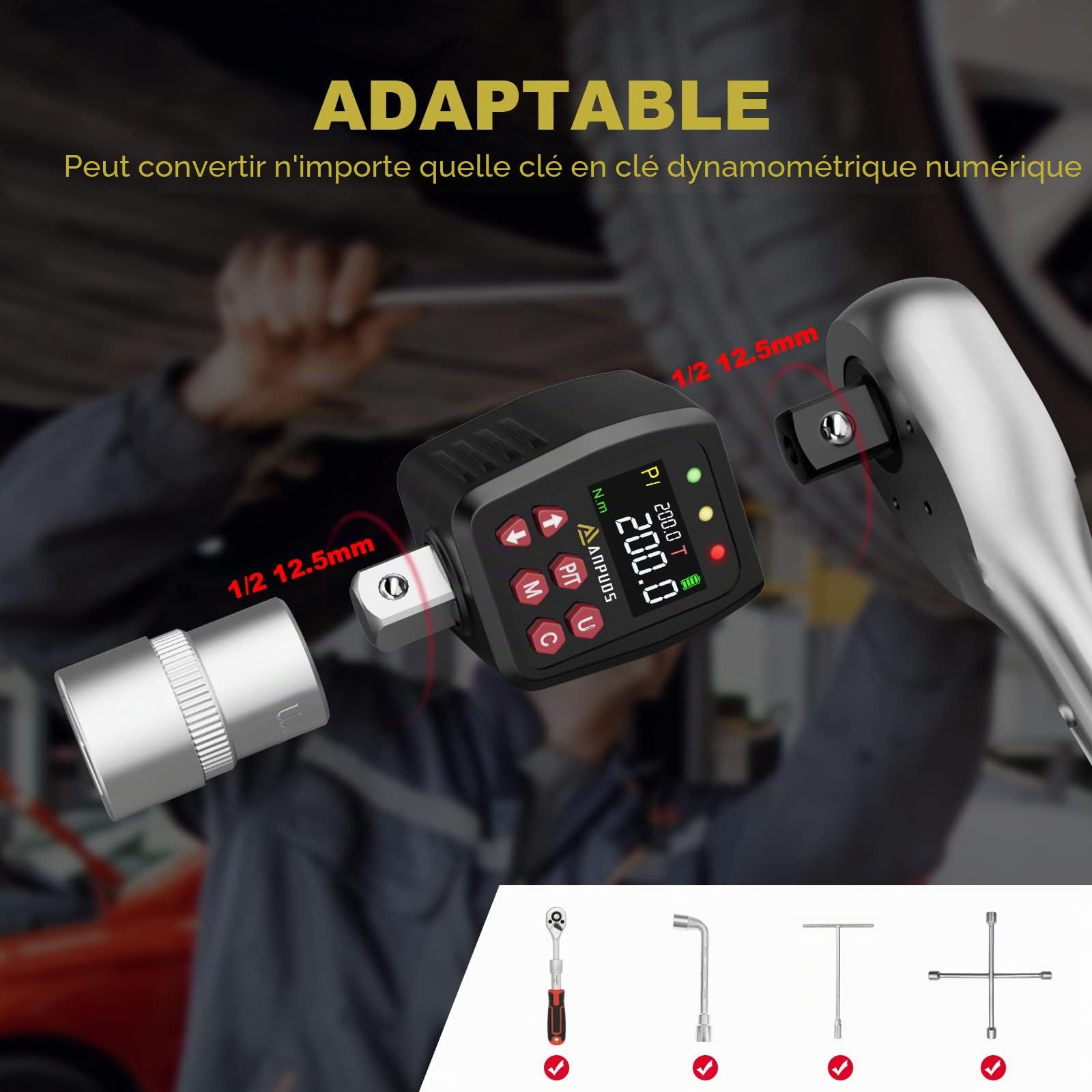 ANPUDS Adaptateur de Couple Numérique 1/2" 10-200Nm Clé Dynamométrique Précision ±1% Mode Préréglé Stockage Données LED Alerte Sonore