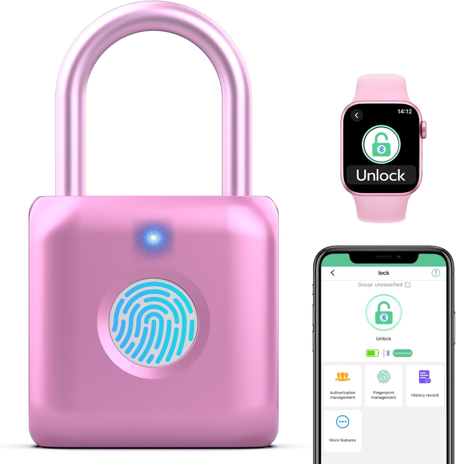 Keylesslife Fingerprint Padlock,Smart Padlock APP Control,Fingerprint Locker Lock,Gym Lock USB Rechargeable for Gym Locker,Locker, School,Storage Pink