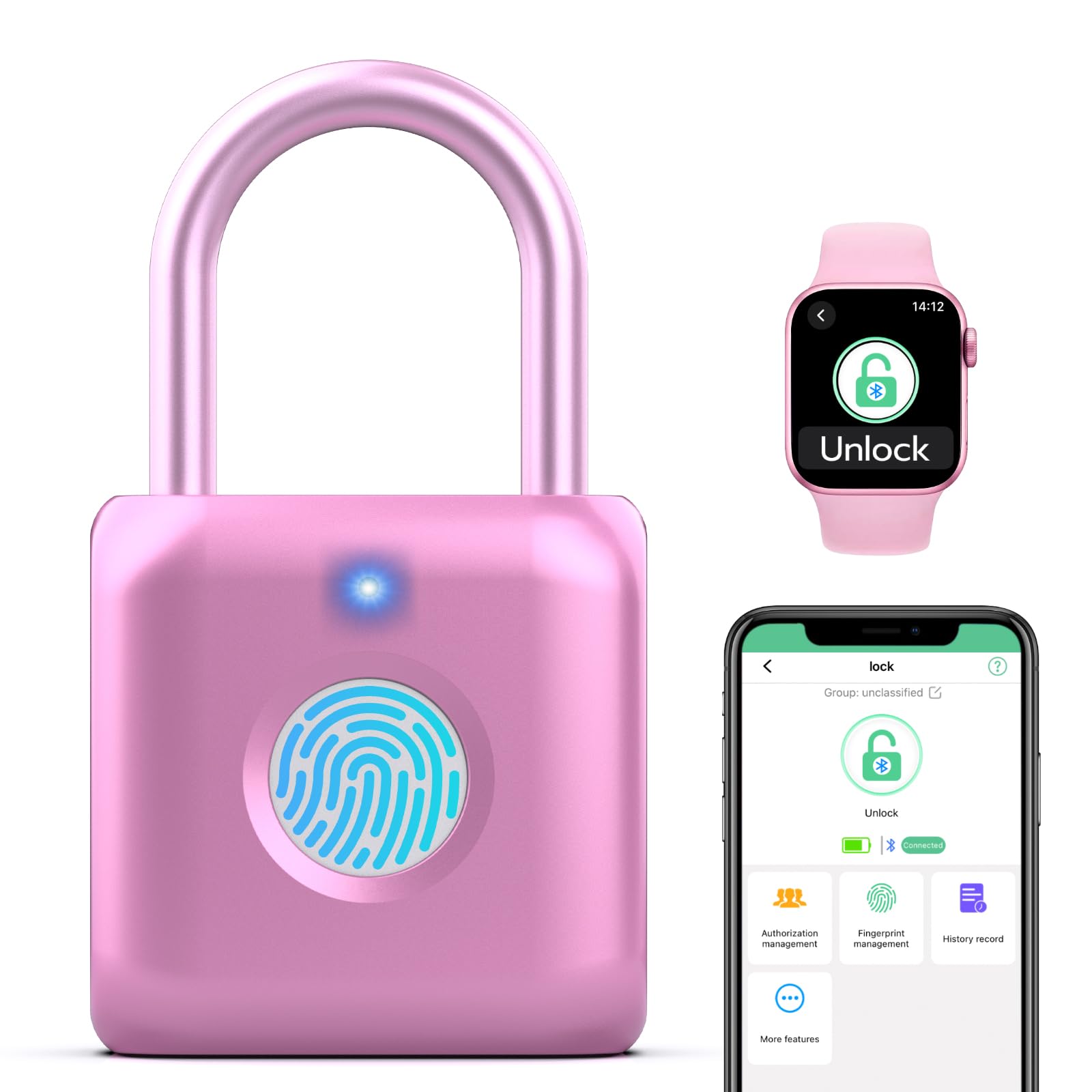 Cadenas intelligent Bluetooth et biométrique rose rechargeable avec application pour bagage